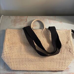 Clare V Woven Cream Tote Bag with Black Straps